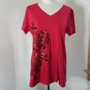 Red Short Sleeve with Sequin Roses L